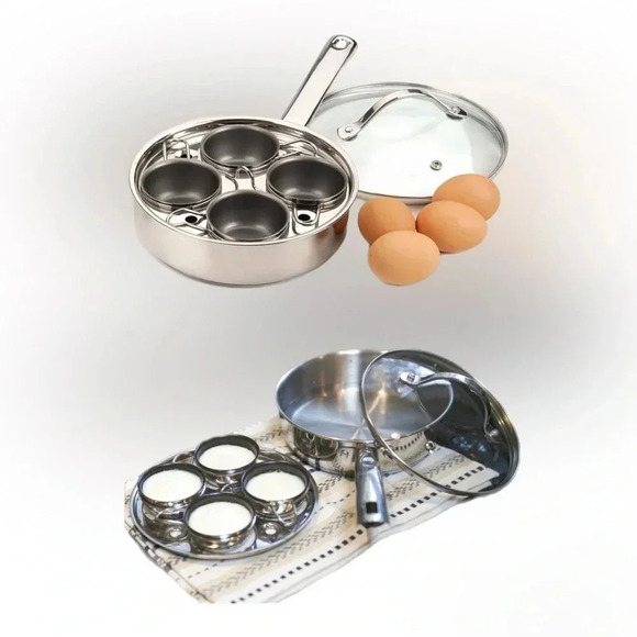ENDURANCE 18/8 Stainless Steel 4-Egg Poaching Complete Set Pan Cups Rack Lid - Picture 2 of 7
